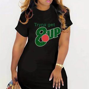 Plus Size Casual Dress, Women's Plus Glitter Letter Print Short Sleeve